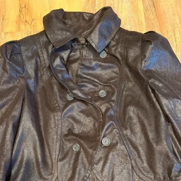 INC Women's Faux Leather Jacket L Ruffled Front Brown Short Coat Size Large - Picture 5 of 7